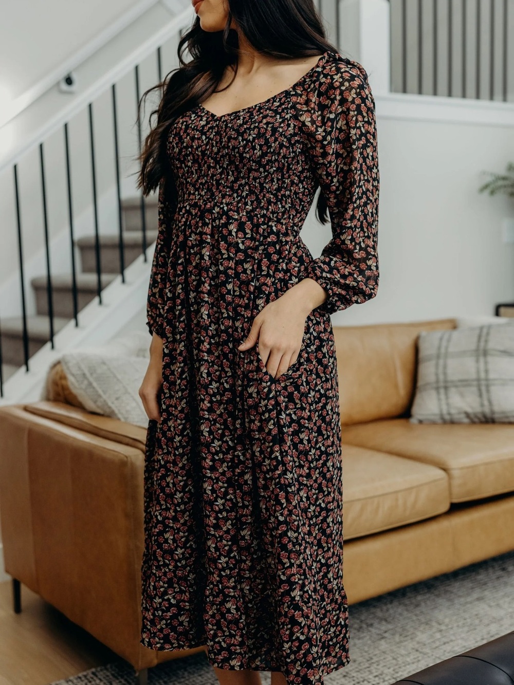NWOT Böhme Floral Smocked Midi Dress Black/Orange/Yellow